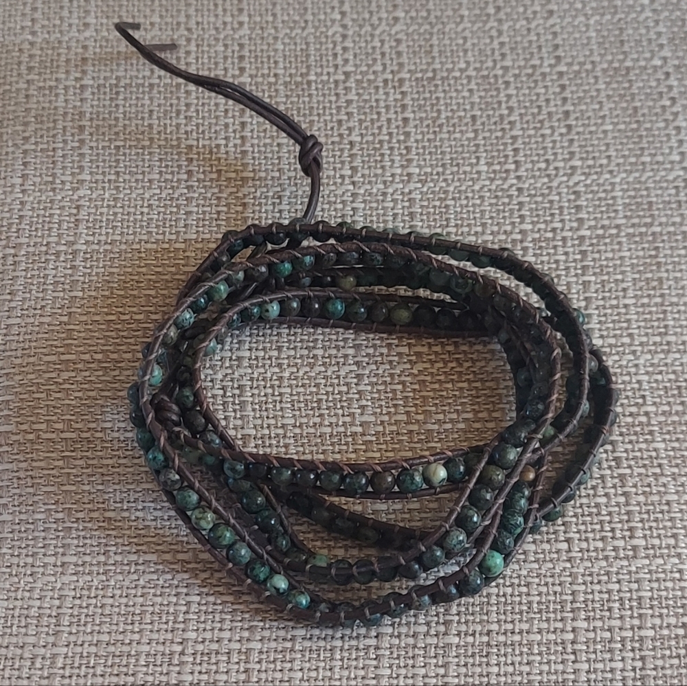 Handmade Green Clay Bead & Brown Leather Wrap Bracelet